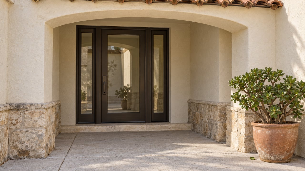 Covered entry with cream stucco, buff stone, a bronze glazed door and a terracotta pot holding a jade plant.
