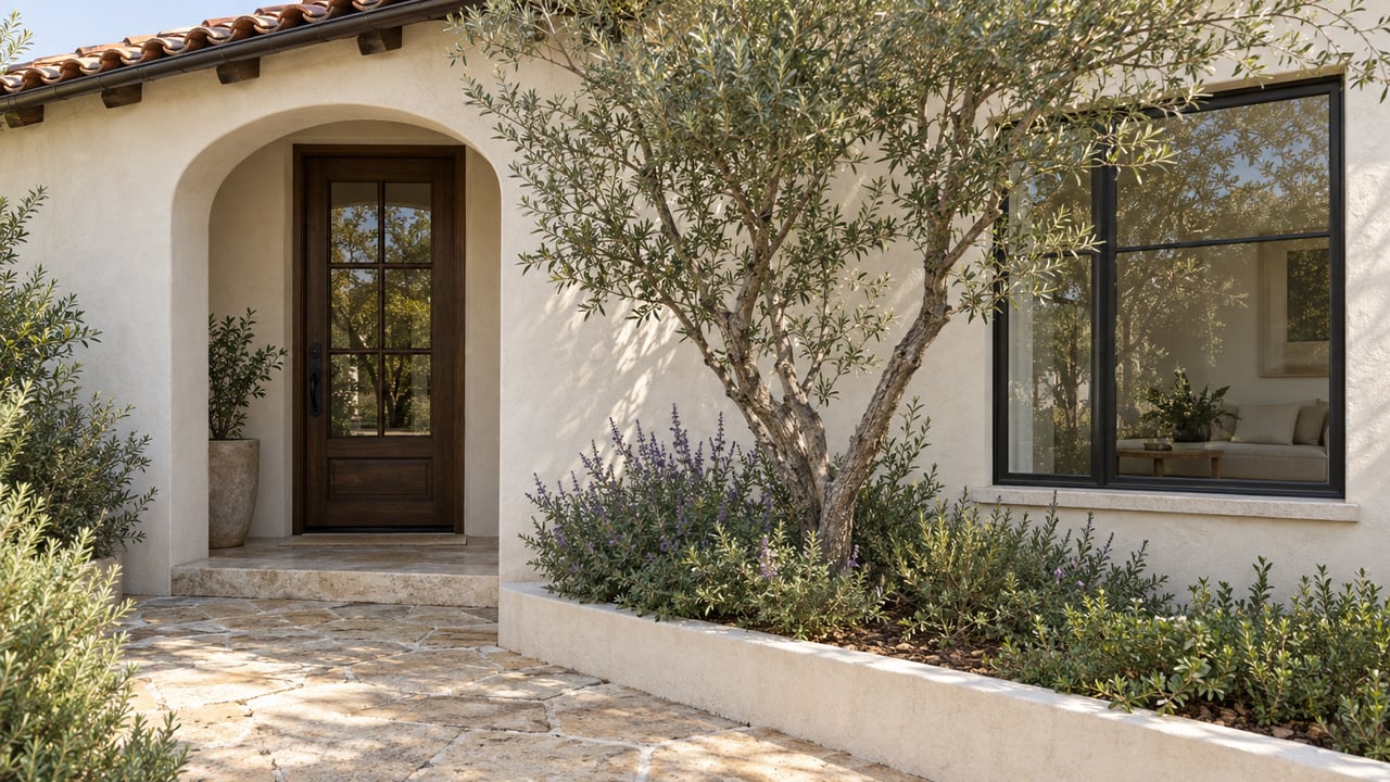 Stucco home with an arched oak entry, black-framed window, limestone approach, and olive tree in a raised bed.