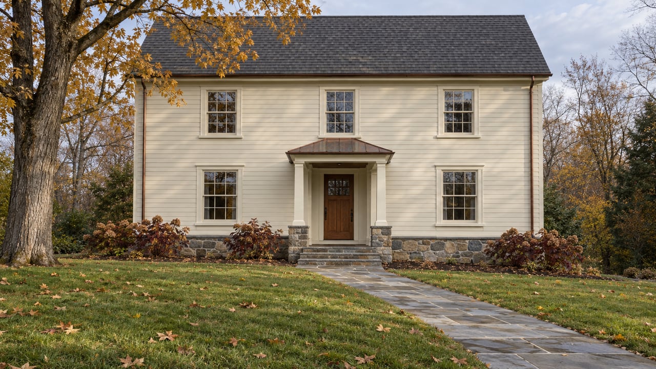 Ivory clapboard home with a fieldstone foundation, bluestone approach and deep autumn lawn beneath a mature maple.