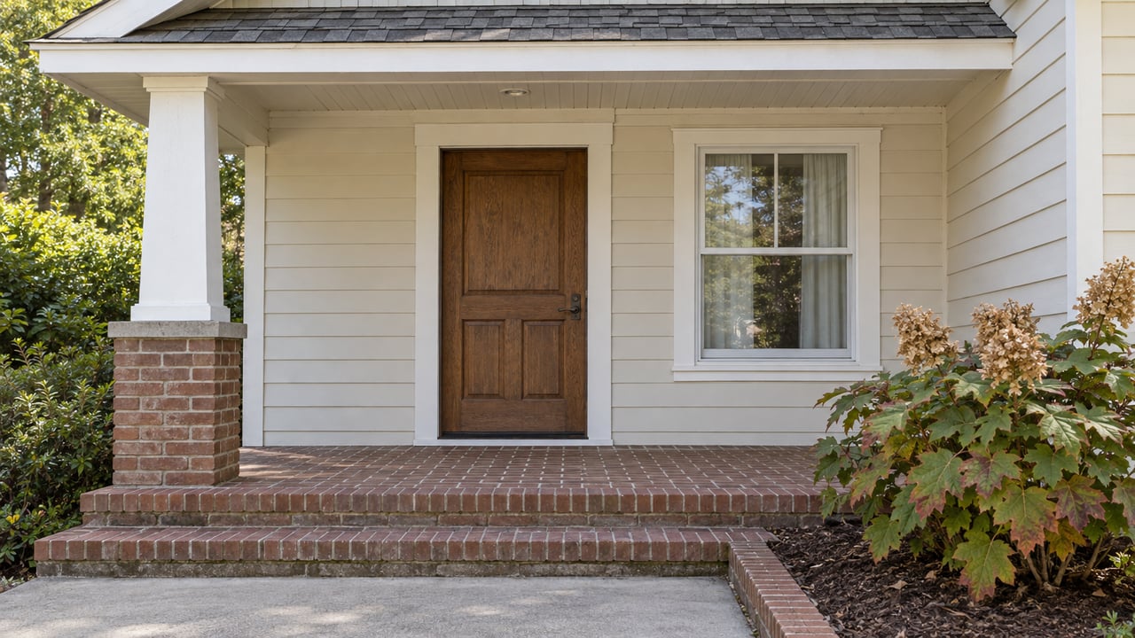 A shaded front porch with cream siding, an oak door, brick steps and an oakleaf hydrangea beside the walk.