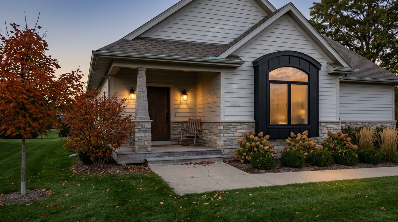Craftsman home at dusk with a stone porch column, glowing lanterns, arched window, and orange-red autumn trees.