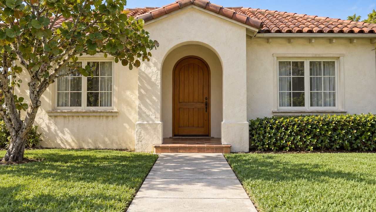 Stucco house with a terracotta tile roof, arched wooden entry, and walkway through the lawn.