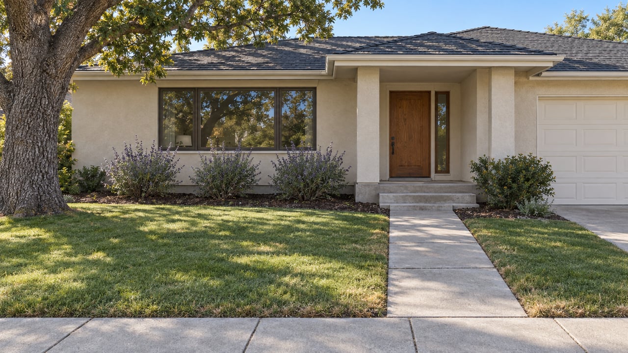 A pale stucco single-story home with a broad front lawn, oak tree, and concrete walk leading to a recessed wood entry.