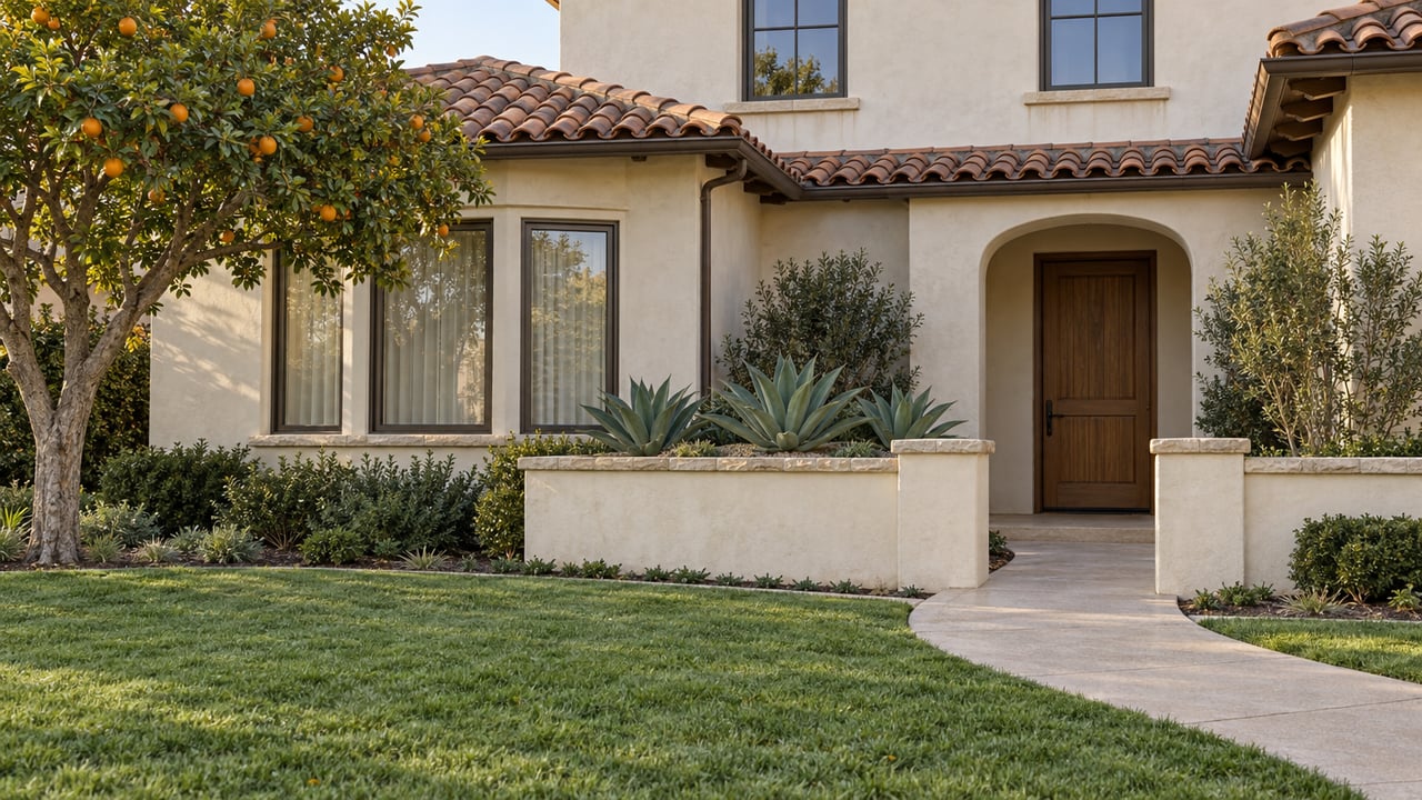Sunlit ivory stucco home with terracotta roof tiles, a curved front walk, orange tree and low courtyard wall.
