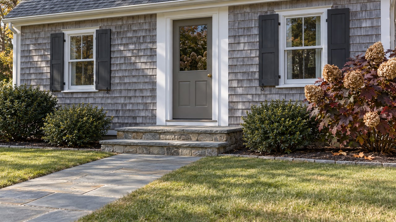 Weathered cedar-shingle cottage entry with white-trimmed windows, bluestone steps and a burgundy oakleaf hydrangea beside the lawn.