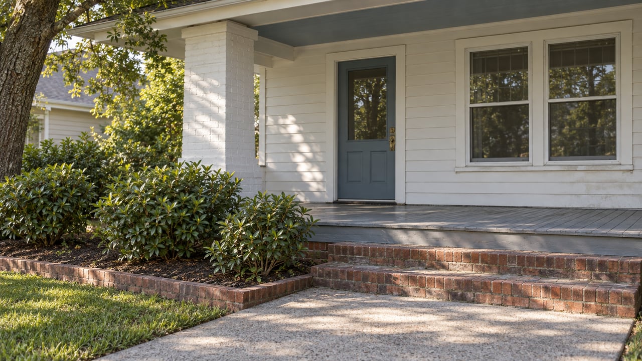 Sunlit white-sided bungalow porch with a muted blue door, paired window, brick steps and mature planted border.
