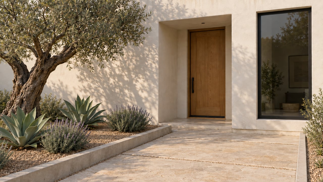 Limestone approach slabs beside a gravel planting bed, with a concrete curb, olive tree, agaves, and oak entry.