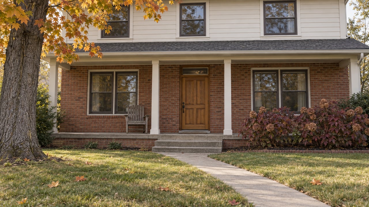 An established brick and ivory-sided home with a raised front porch, autumn maple leaves and a deep green front lawn.