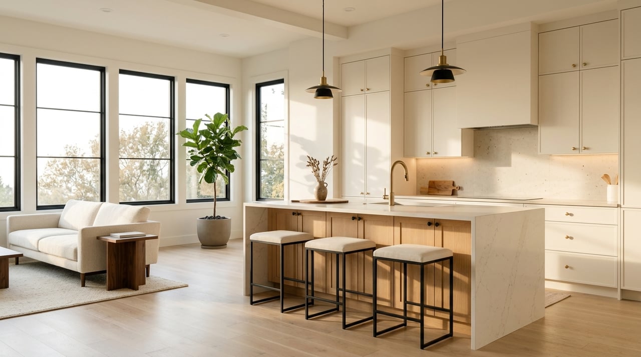 Open-plan kitchen and living room with oak cabinetry, quartz counters, and black-framed windows.