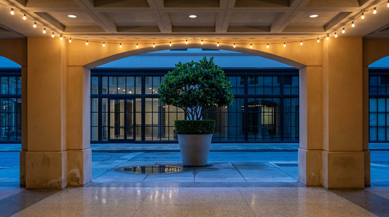 Covered arcade with warm string lights framing a wet street, glass storefront, and tree in a concrete planter.