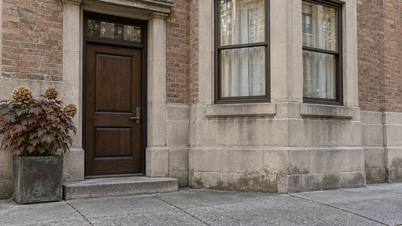 Weathered limestone and russet brick residential entrance with a dark oak door, bronze-framed bay windows, and one autumn oakleaf hydrangea planter.