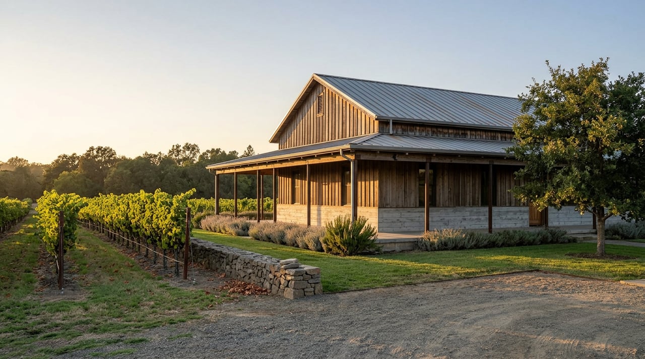 Rural farmhouse with a wraparound porch beside a vineyard row and broad valley oak.