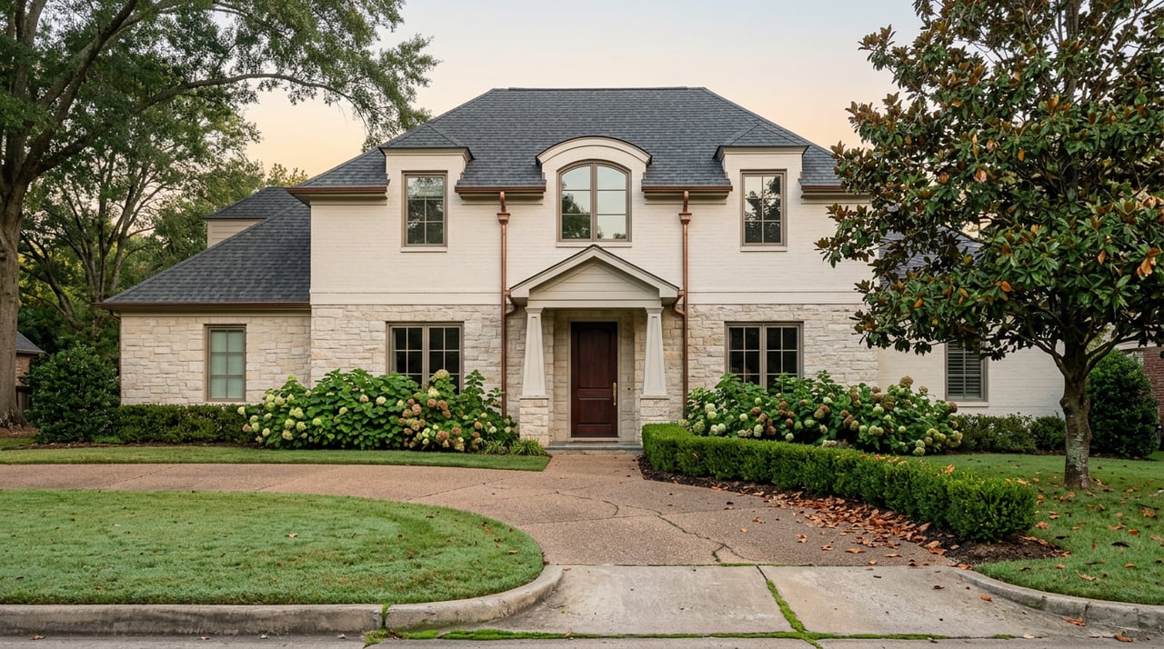 Two-story stone-and-brick house with an arched upper window, gabled entry, and curved driveway beneath mature trees.