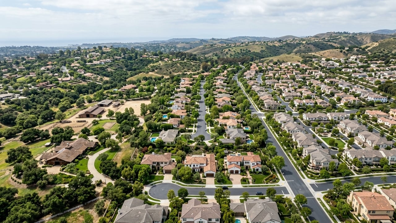 Aerial view of a residential neighborhood with tree-lined streets and rolling hills.