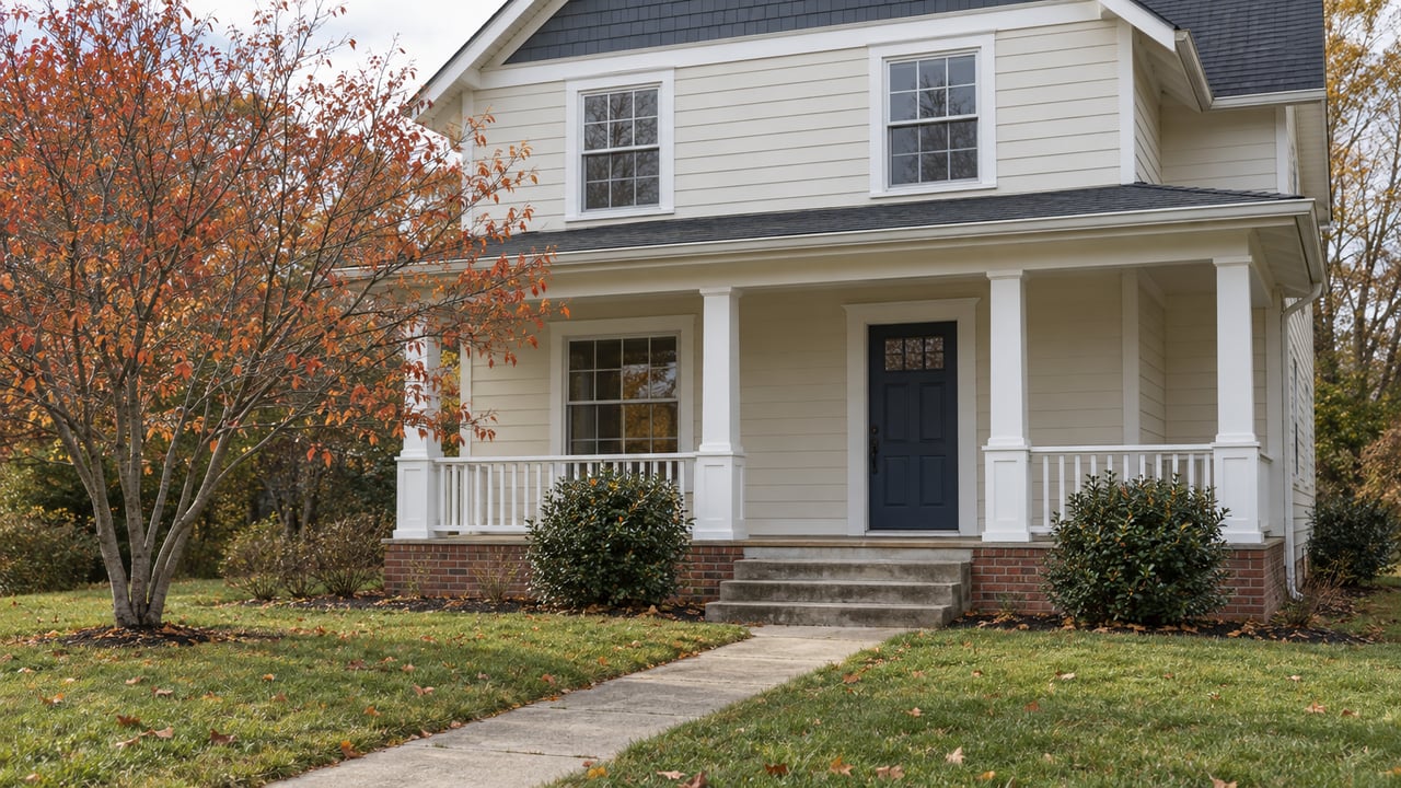 Cream two-story house with a dark blue door, brick porch foundation, concrete walkway, and sparse autumn tree.