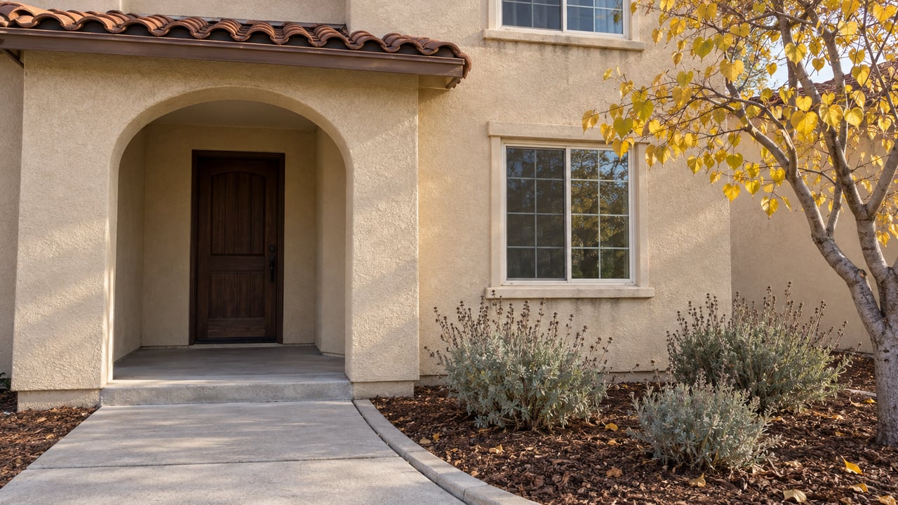 Morning sunlight on a beige stucco home's arched entrance, dark wood door and concrete approach beside an autumn redbud.