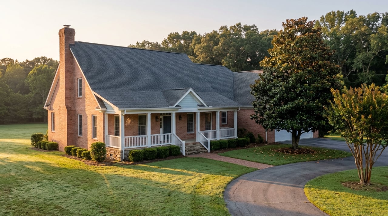 Two-story red-orange brick home with a covered porch, curved driveway, broad lawn, magnolia, and crape myrtle.