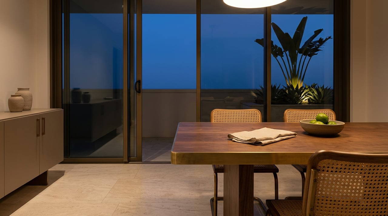 Walnut dining table beneath a pendant, with cane chairs and a glass wall framing a dusk-lit planter.