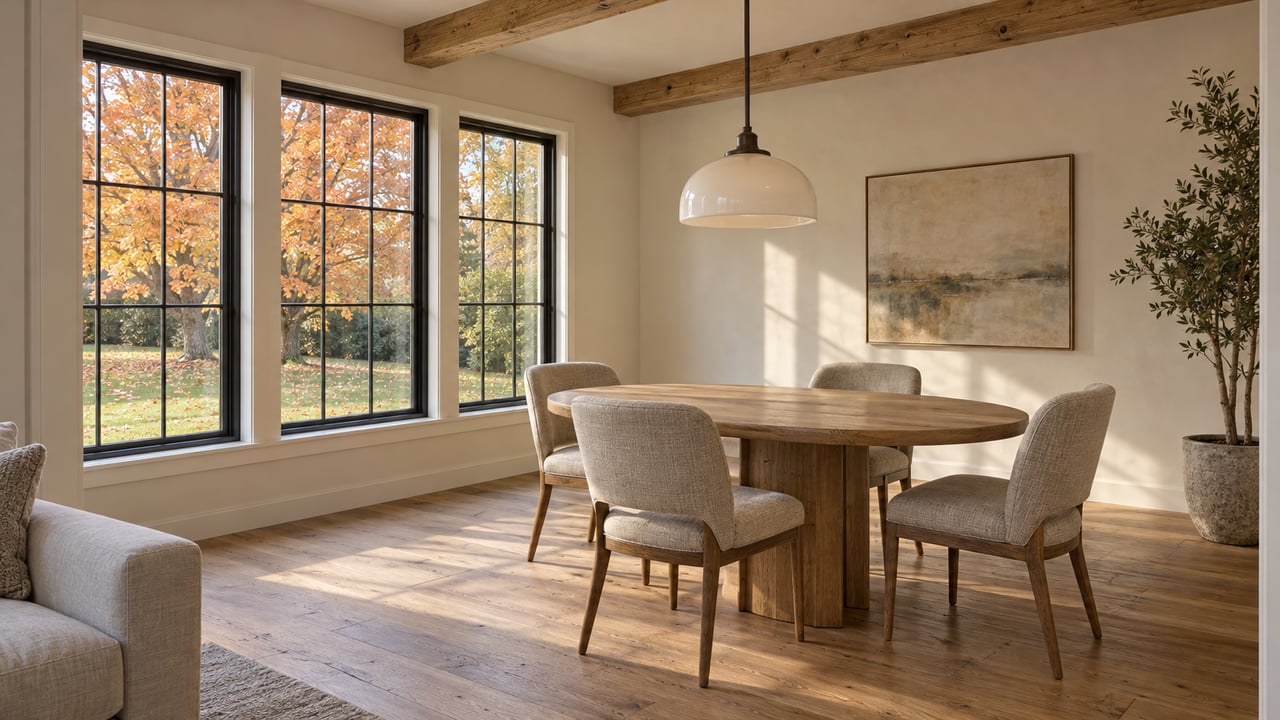 Sunlit dining room with oak beams, an oval wood table, linen chairs, and orange maple foliage beyond closed black-framed windows.
