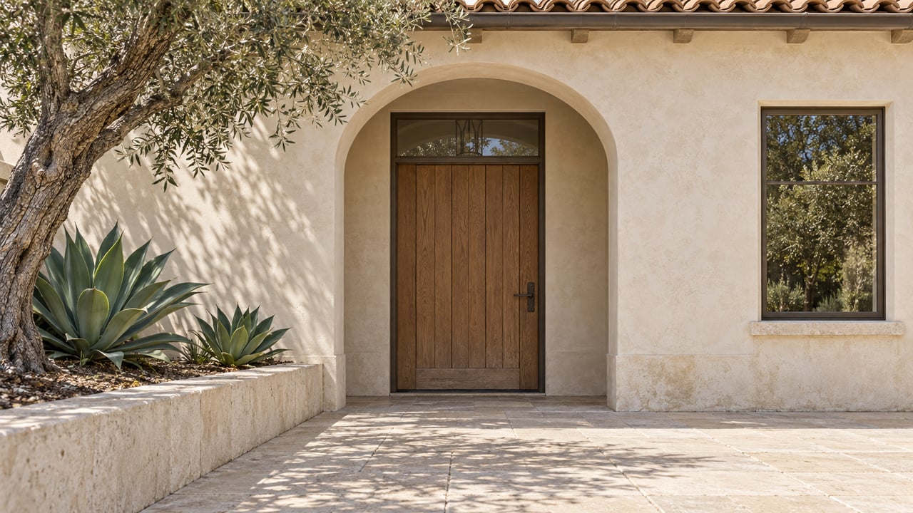 Arched ivory stucco home entrance with an oak door, limestone approach, and an olive tree above two agaves.