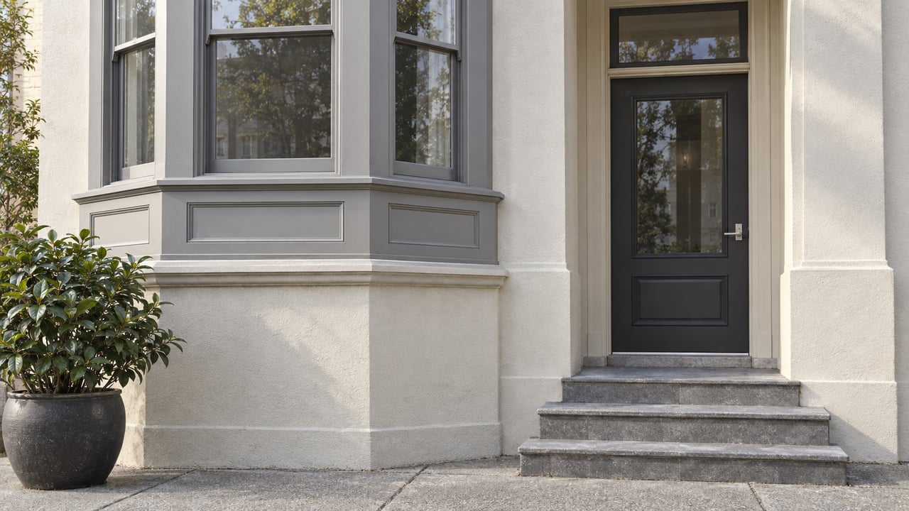 Ivory stucco condominium entrance beside a gray painted window bay, with stone steps and a potted camellia in soft daylight.