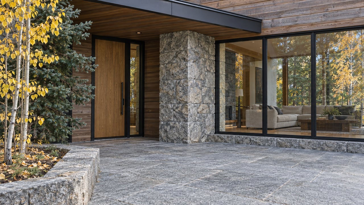 Modern wood-and-stone home with expansive windows, a stone patio, and golden autumn aspens.