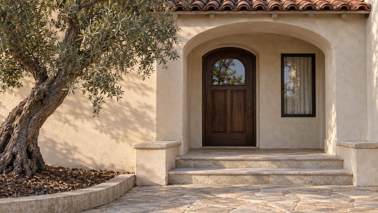 Stucco home entrance with an arched wood door, stone steps, and a mature tree.