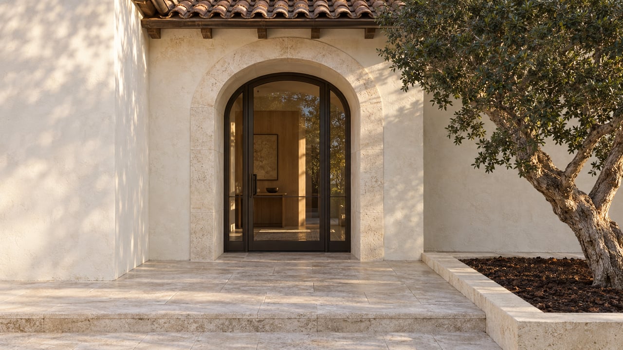 Ivory stucco estate entrance with a closed bronze-framed glass door beneath a limestone arch.