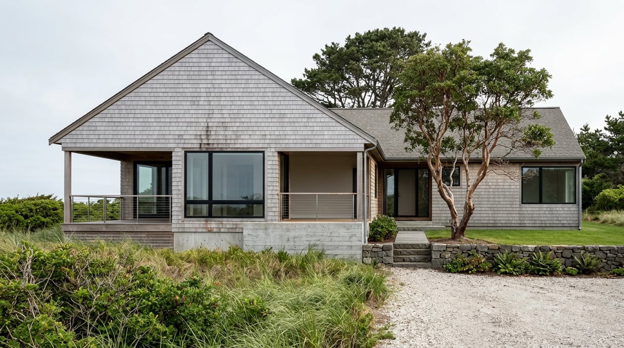 Coastal home with silver-gray cedar shingles, black-framed windows, a madrone tree, and dune grasses along a shell path.
