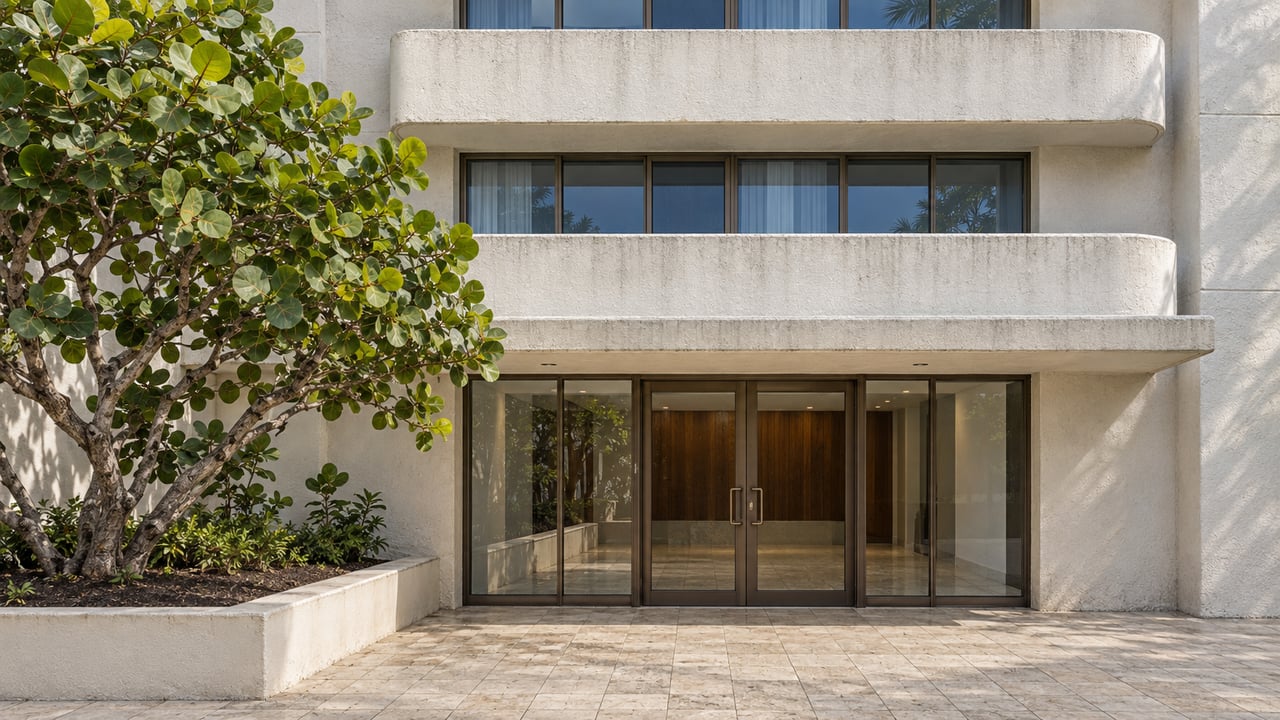 Older condominium entrance with ivory concrete balconies, blue-tinted glazing, limestone paving and a sculptural sea grape tree in a raised planter.