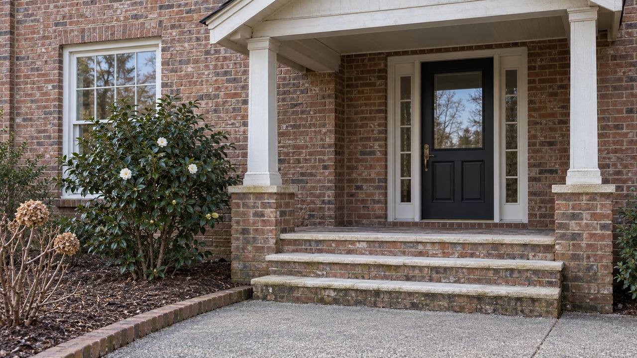 Winter morning light on a brick home's covered entry, black glazed door, weathered brick steps and flowering camellia.
