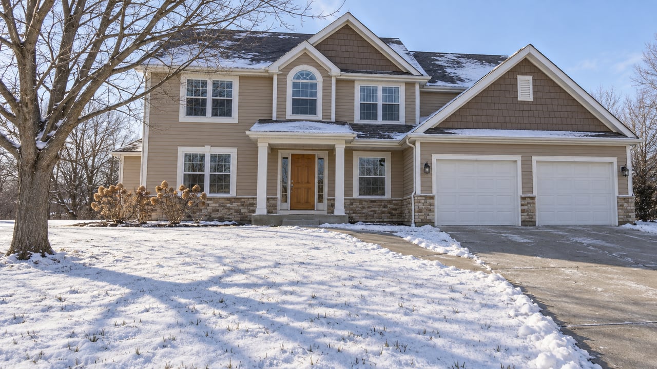 Snow-covered front lawn leading to a tan two-story gabled home with white trim, a cleared walkway and a bare sugar maple.