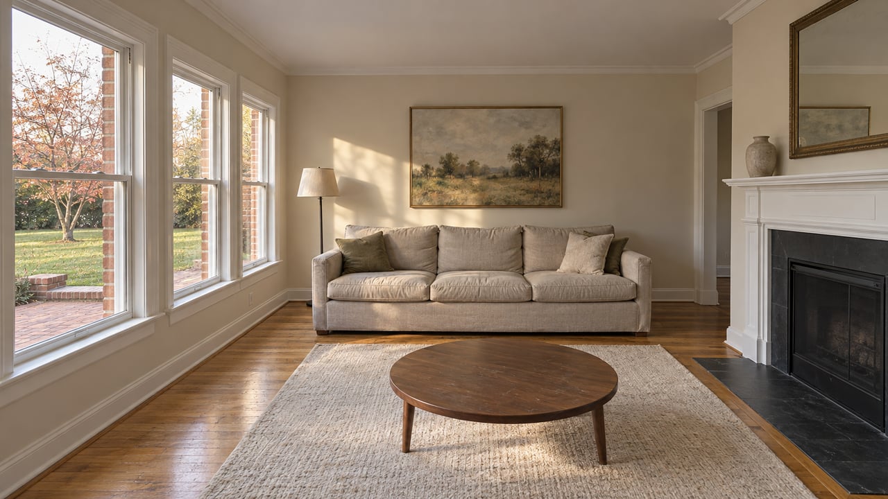 A bright living room with an oatmeal sofa, walnut coffee table, oak flooring and white fireplace, overlooking a brick terrace and autumn dogwood.