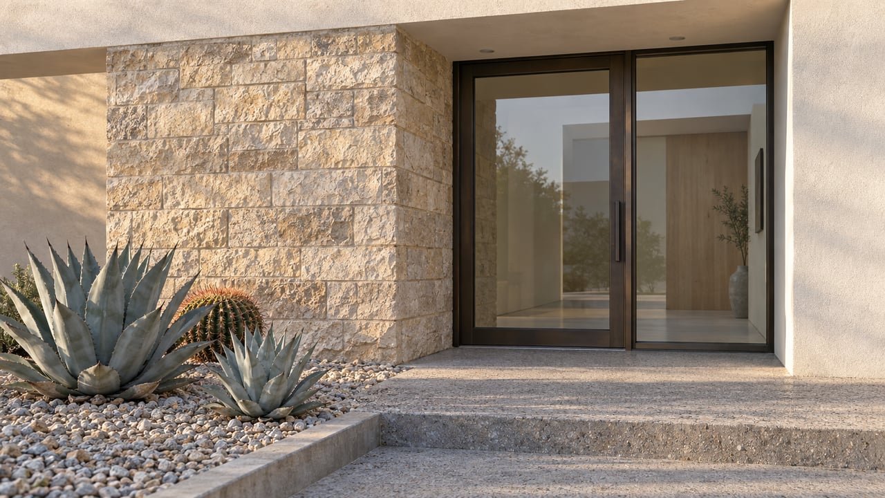 Warm morning light grazes a limestone entrance pier beside a bronze-framed glass door and a gravel bed of agaves and barrel cactus.