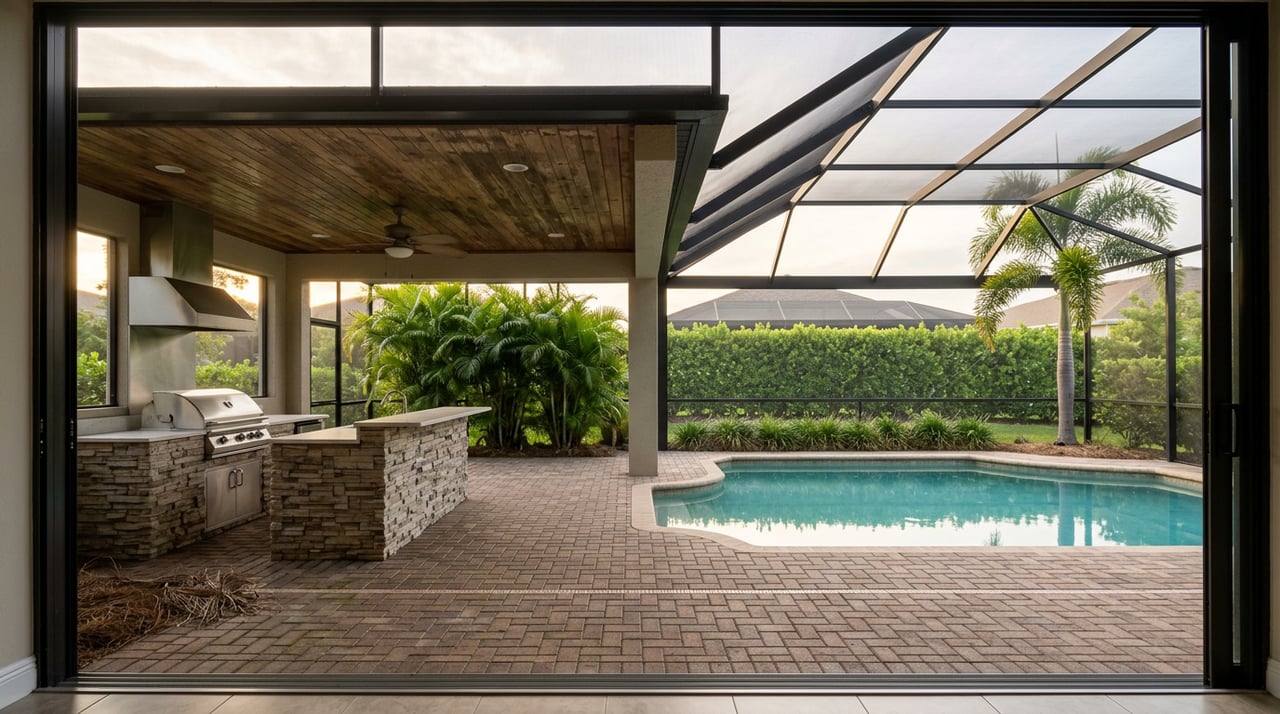 Covered lanai with a stone outdoor kitchen, turquoise pool, and wood-plank ceiling beneath a screened roof.