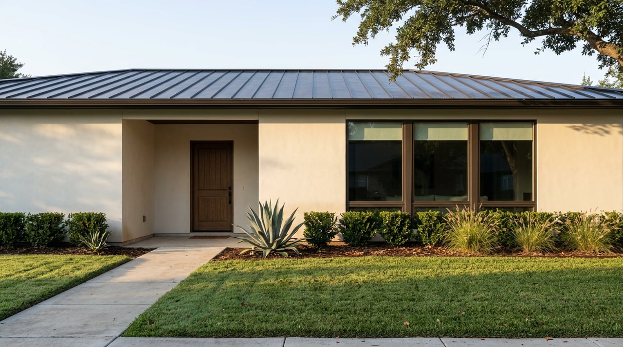 Single-story stucco ranch with dark metal roof, bronze-framed windows, and an agave in a deep dew-covered lawn.