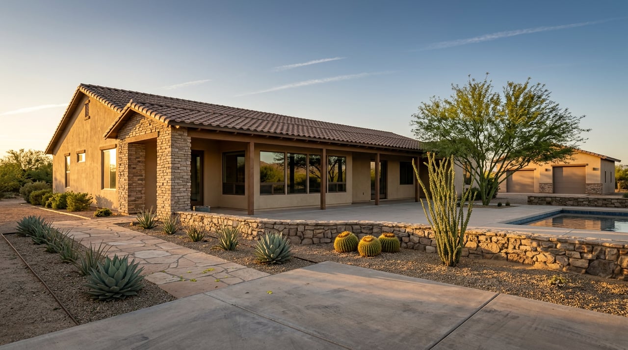 Desert home with stone entry, covered patio, palo verde tree, detached garage, and long shadows.