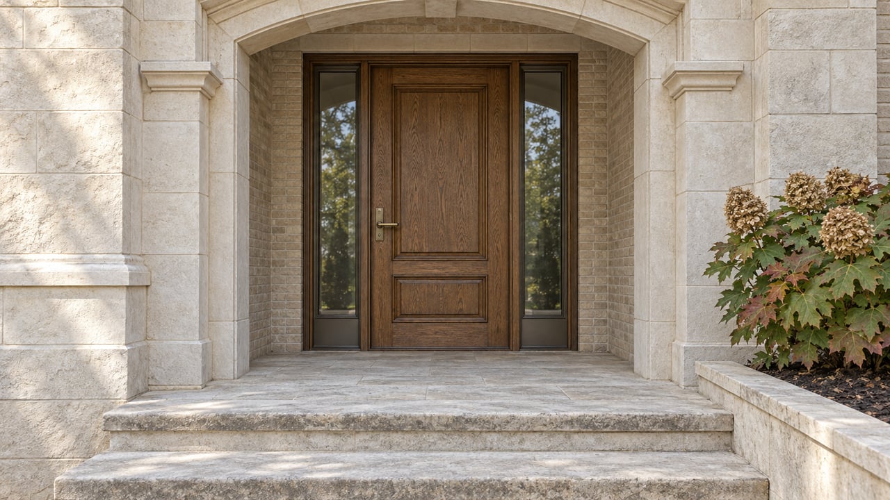 Sheltered oak front door with paired sidelights, a limestone arch and worn stone steps beside an oakleaf hydrangea.