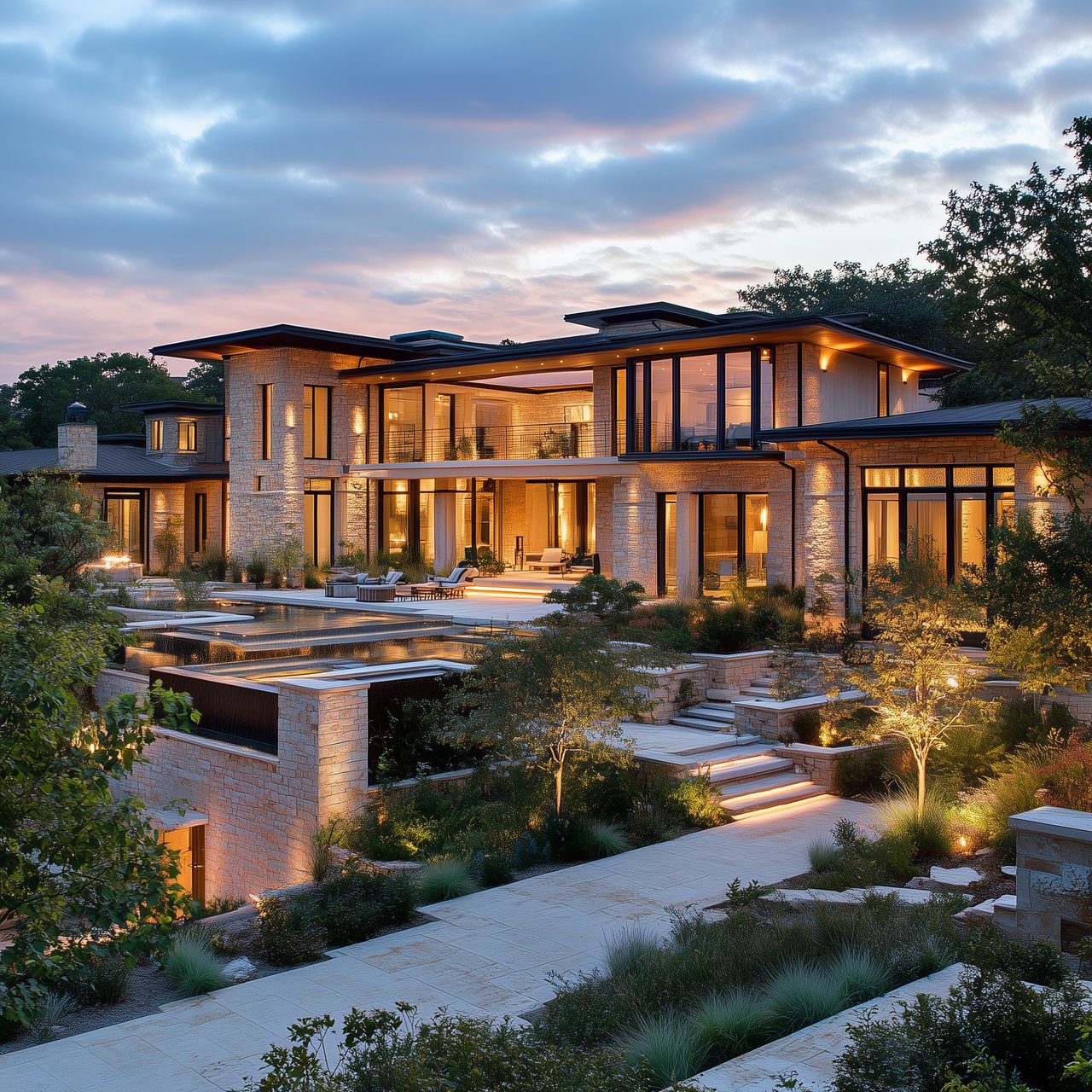 Modern stone-and-glass home with illuminated patio, reflecting pool, and landscaped terraces at dusk.
