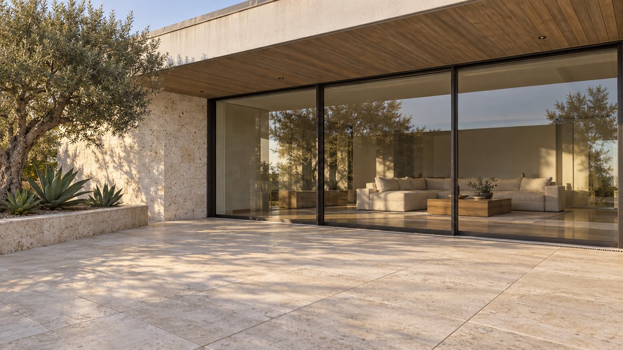 Low terrace-level view of a contemporary home with bronze-framed glazing, a cedar soffit, limestone paving, and an olive tree in a raised stone bed.