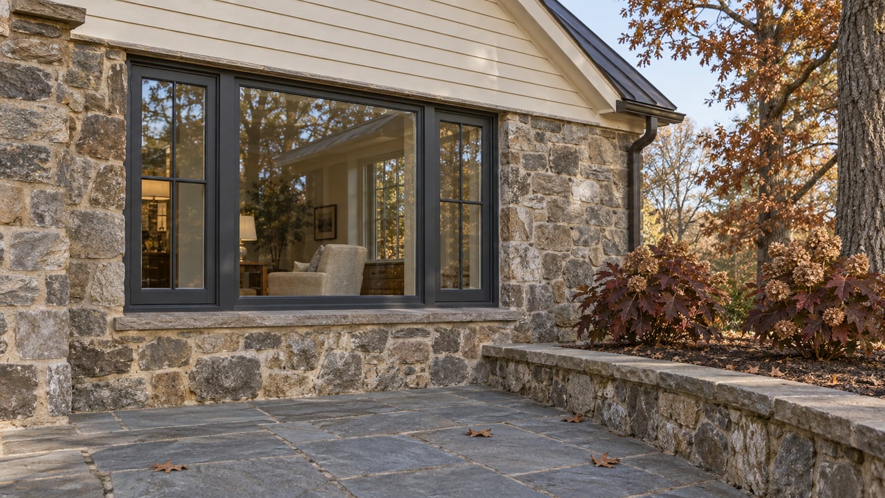 Ivory-sided gabled home with a broad glazed window, fieldstone walls, and a flagstone terrace beside autumn oakleaf hydrangeas.