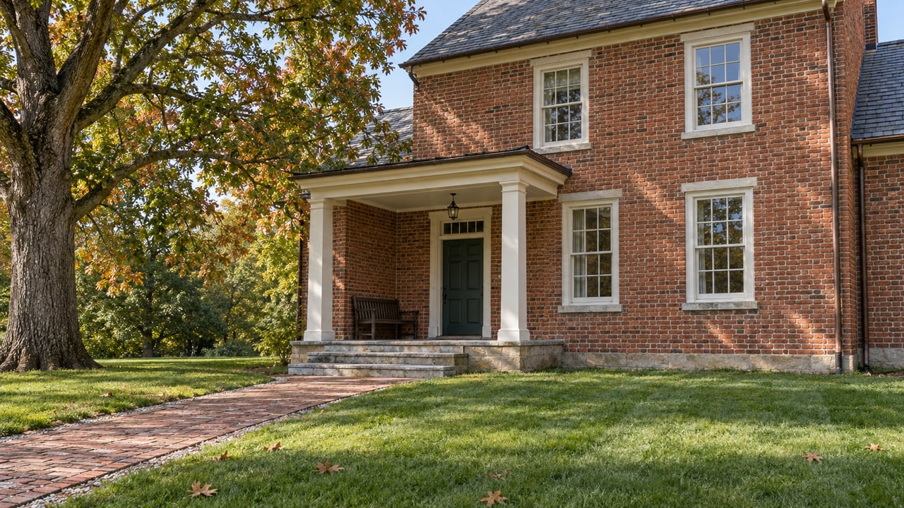 Warm red brick home with a slate roof, white-trimmed windows and a raised stone porch, seen across a deep green lawn beside a mature oak.