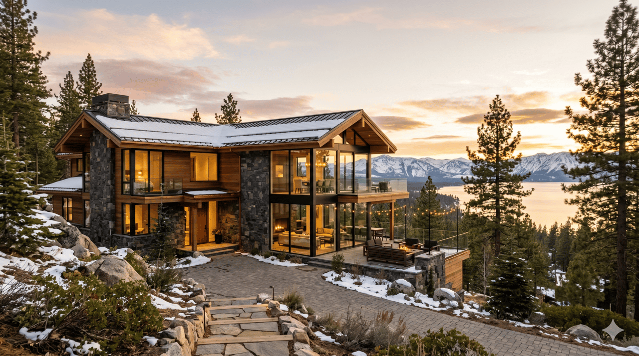 Luxury Lake Tahoe mountain home at golden hour with snow-dusted pines, illustrating second home costs and ownership in 2026