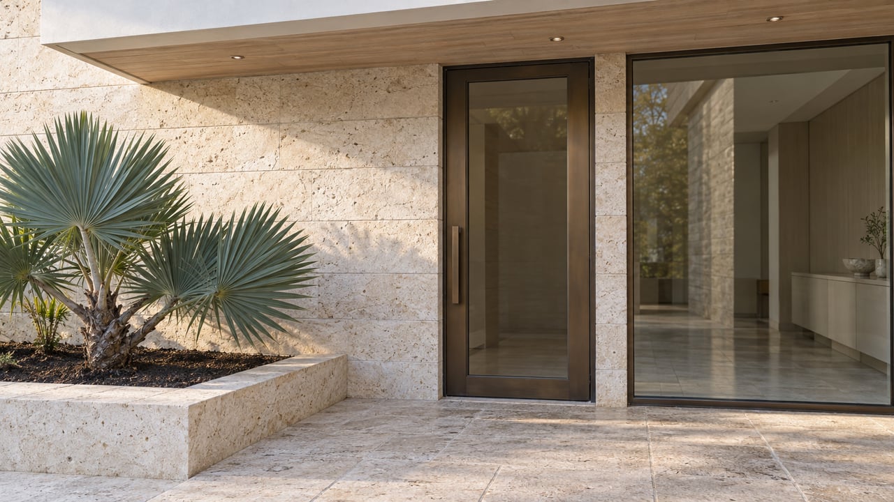 Close view of a pale limestone home entrance with bronze-framed glazing, a deep timber soffit and a sculptural fan aloe in a raised stone bed.