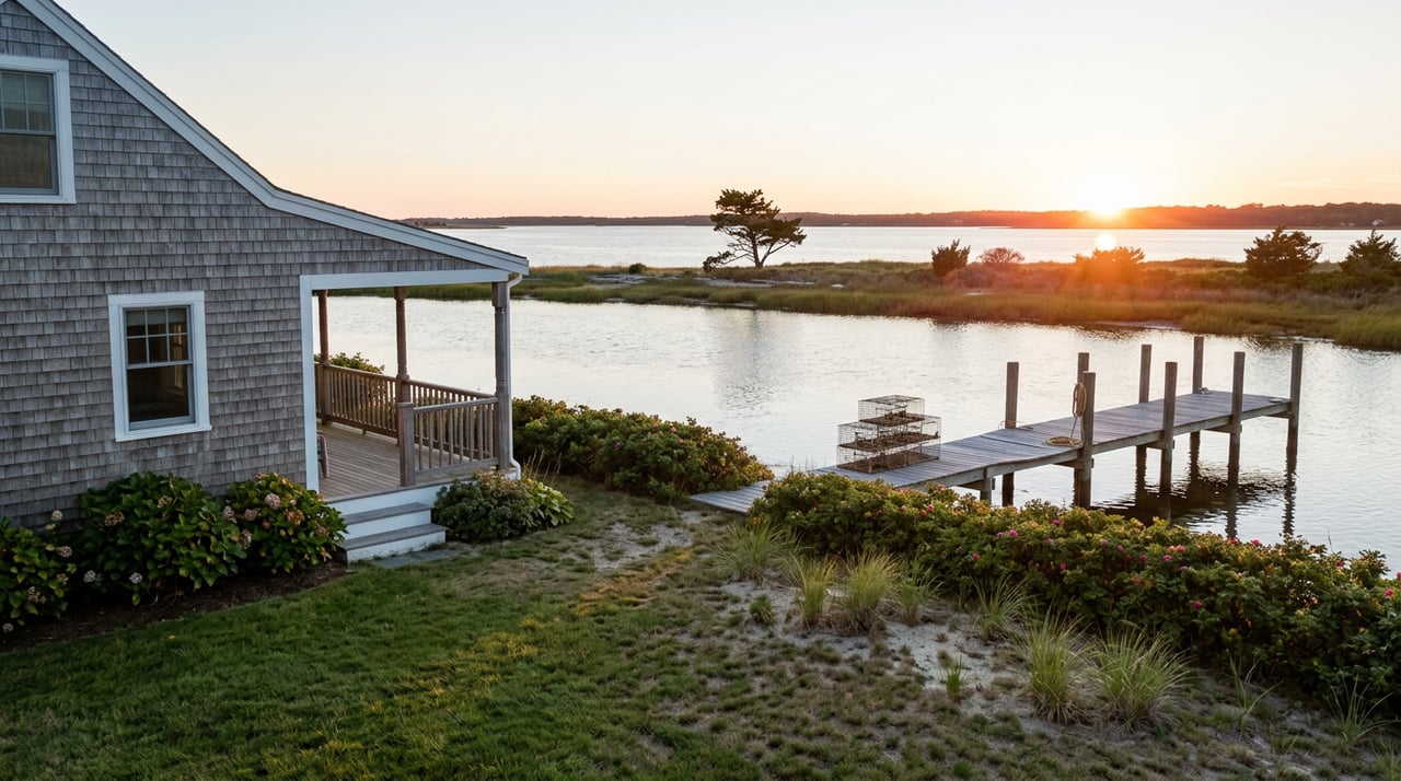 Weathered shingle cottage with a covered porch beside a dock stacked with wire aquaculture cages, across calm water.