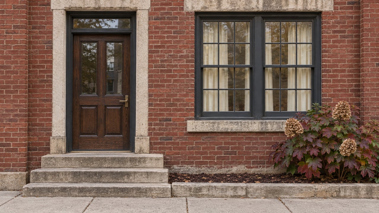 Weathered red-brick residence with a dark oak entrance, limestone steps, paired sash windows, and an autumn oakleaf hydrangea.