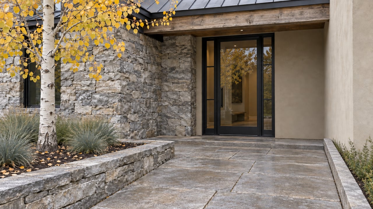 Limestone walkway bordered by a low retaining lip beside planted soil and an aspen tree.