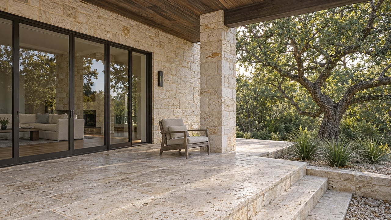 Covered limestone terrace with bronze-framed glass doors, a weathered teak chair, and a mature live oak beyond stone steps.