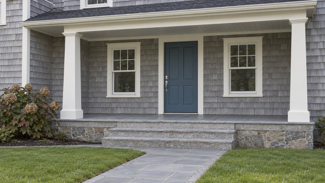 Silver-gray cedar shingles, a blue front door and white porch columns above granite steps and a bluestone walk.