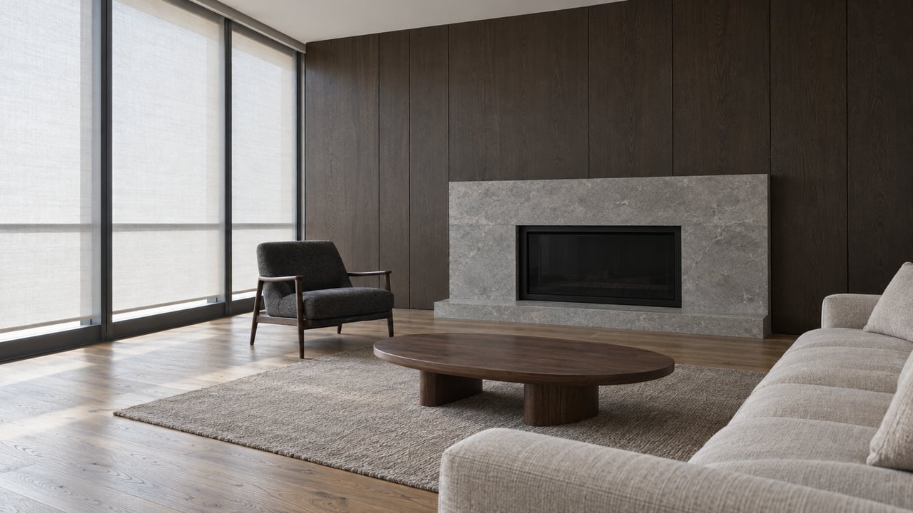Spacious living room with dark oak paneling, a limestone fireplace and softly filtered floor-to-ceiling windows.